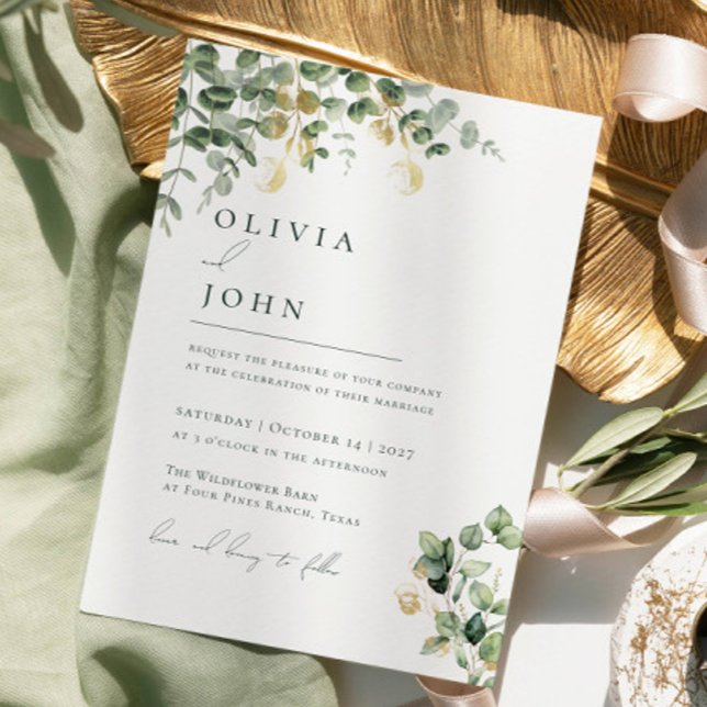 Elegant Minimalist Green Gold Eucalyptus Botanical Invitation (Creator Uploaded)