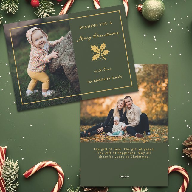 Elegant Minimalist Green/Gold Photo Holiday Card (Creator Uploaded)