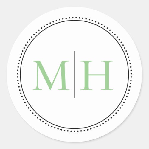 Elegant Minimalist Green Monogram Dotted Border Classic Round Sticker