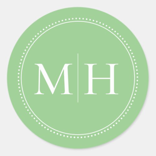 Elegant Minimalist Green Monogram Dotted Border Classic Round Sticker