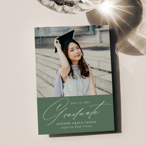 Elegant Minimalist Green Photo Graduation Announcement