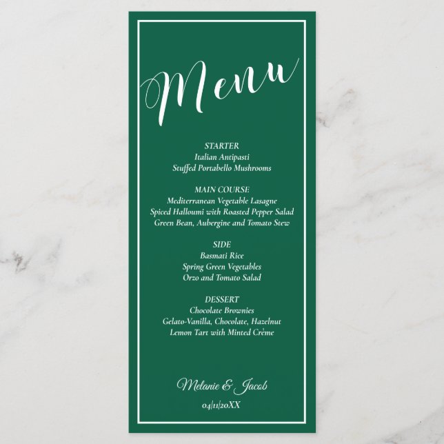 Elegant Minimalist Green Wedding Flat Menu Card (Front)