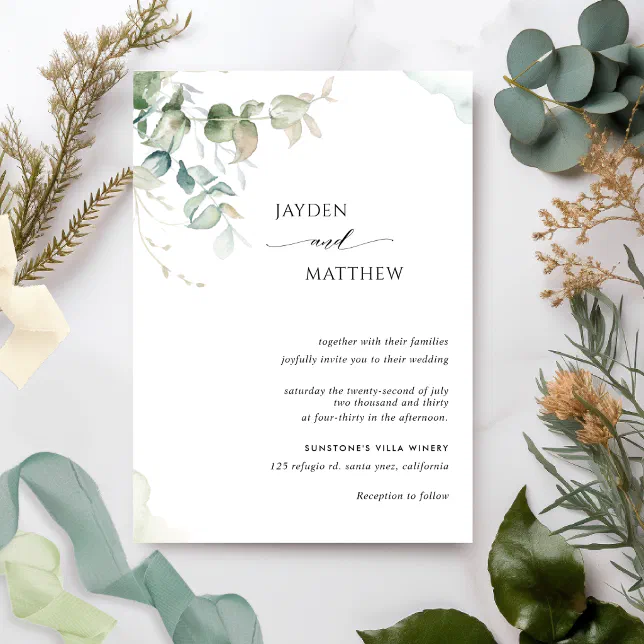 Elegant Minimalist Greenery Eucalyptus Wedding Invitation | Zazzle