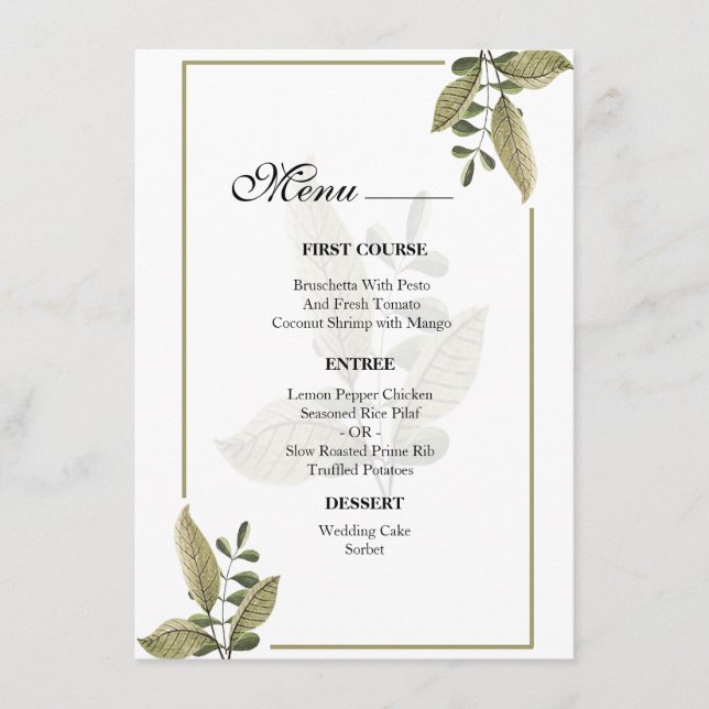 Elegant Minimalist Greenery Wedding  Menu (Front)