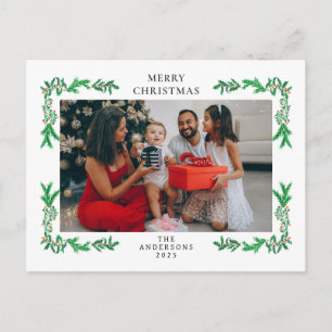 Elegant Minimalist Greneery Christmas Family Photo Holiday Postcard
