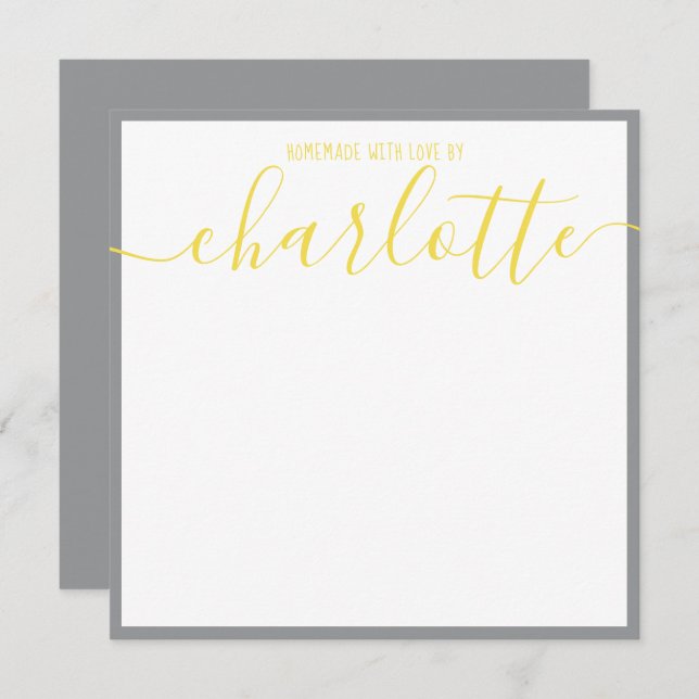 Elegant Minimalist Grey Strip Yellow Script Name Note Card (Front/Back)
