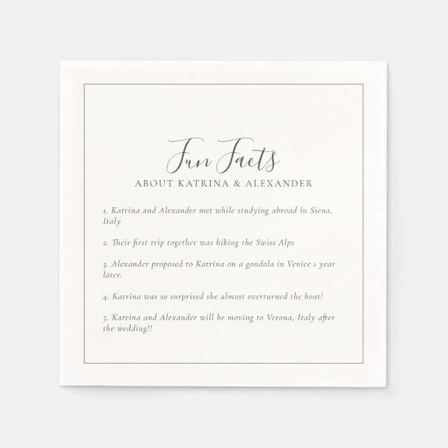 Elegant Minimalist Grey & White Fun Facts Wedding Napkins (Front)
