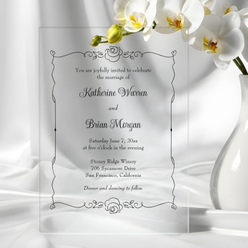 Elegant Minimalist Hand Drawn Rose Frame Acrylic Invitations
