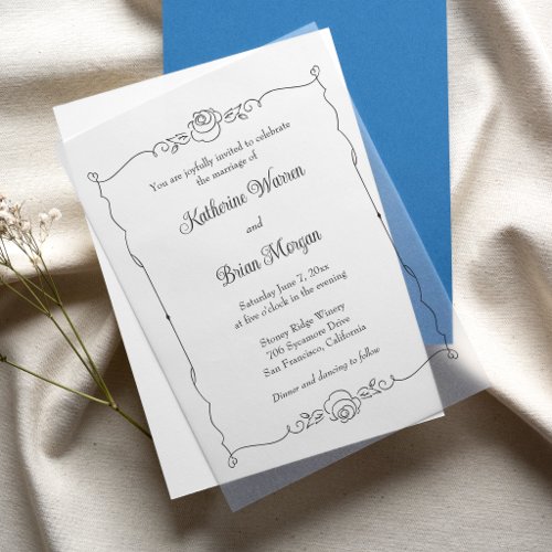 Elegant Minimalist Hand Drawn Rose Frame Vellum Invitations