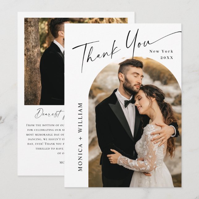 Elegant Minimalist Handwriting Wedding 2 Photo Thank You Card (Front/Back)