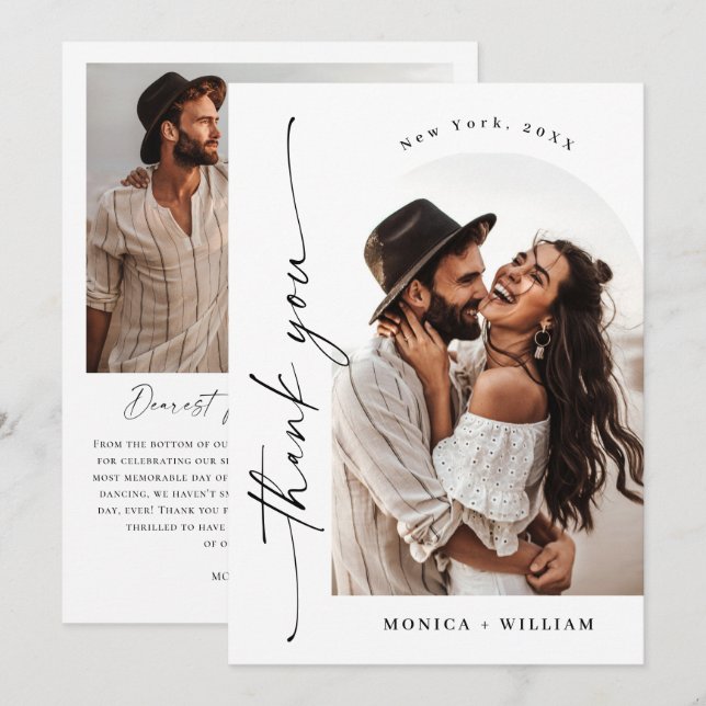 Elegant Minimalist Handwriting Wedding 2 Photo Thank You Card (Front/Back)