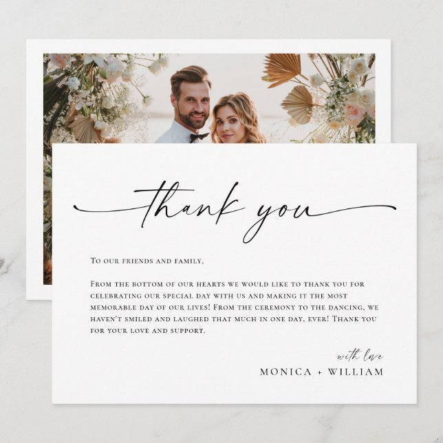 Elegant Minimalist Handwriting Wedding One Photo Thank You Card (Front/Back)