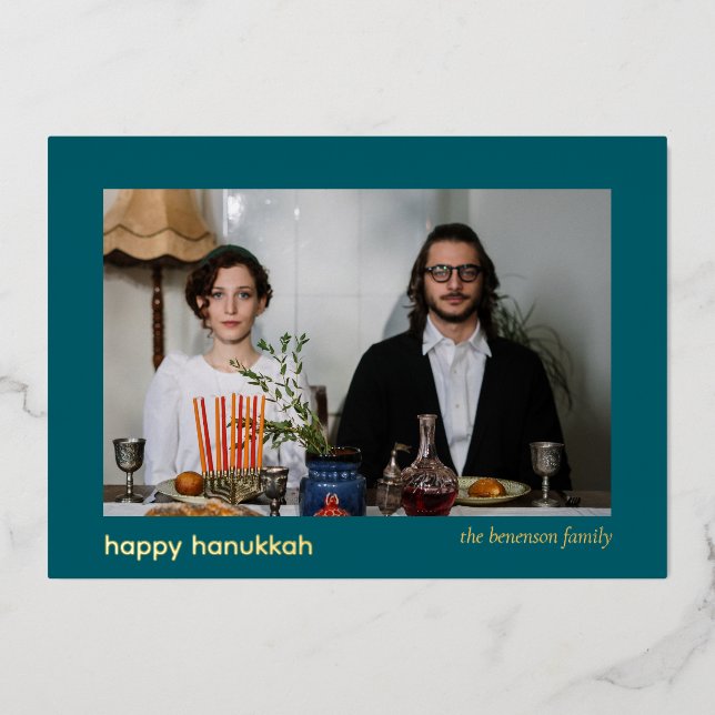 Elegant Minimalist Happy Hanukkah Family 1 Photo Foil Holiday Card (Front)