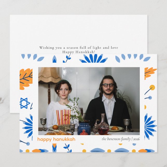 Elegant Minimalist Happy Hanukkah Family 1 Photo Holiday Card (Front/Back)