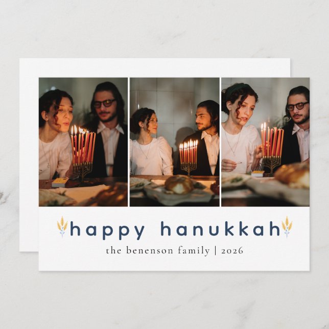 Elegant Minimalist Happy Hanukkah Family 3 Photo Holiday Card (Front/Back)