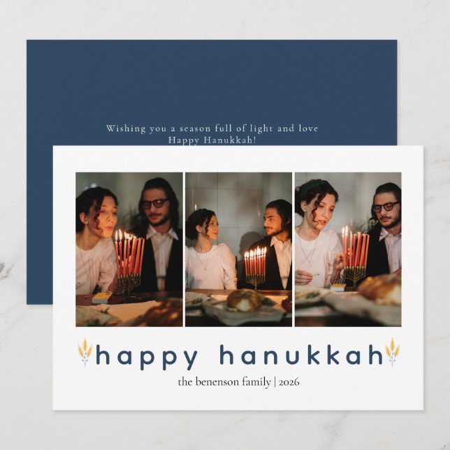 Elegant Minimalist Happy Hanukkah Family 3 Photo Holiday Card (Front/Back)