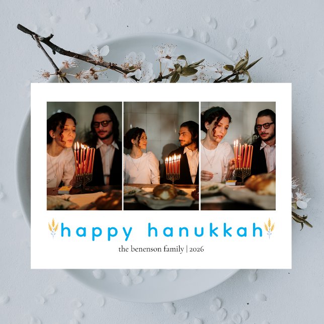 Elegant Minimalist Happy Hanukkah Family 3 Photo Holiday Card (Creator Uploaded)