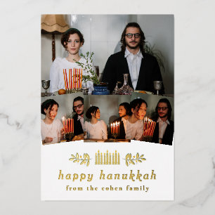 Elegant Minimalist Happy Hanukkah Family 4 Photo Foil Holiday Card