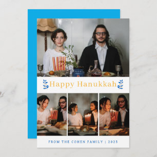 Elegant Minimalist Happy Hanukkah Family 4 Photo Holiday Card