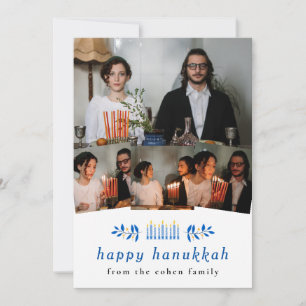 Elegant Minimalist Happy Hanukkah Family 4 Photo Holiday Card