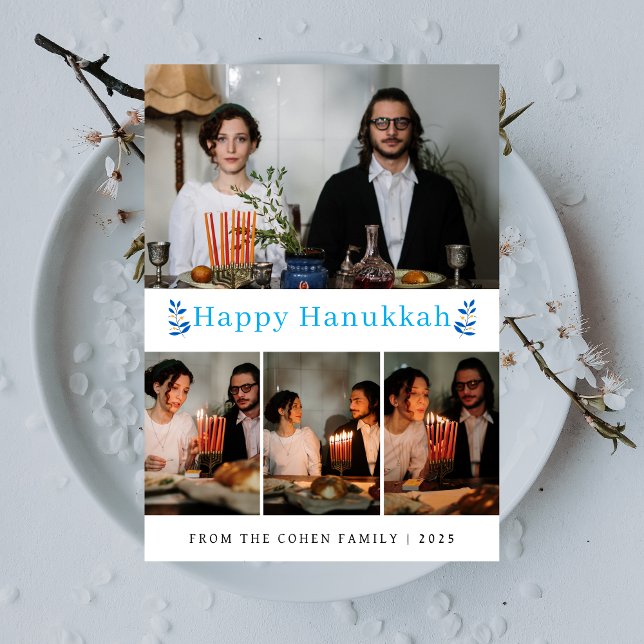 Elegant Minimalist Happy Hanukkah Family 4 Photo Holiday Card (Creator Uploaded)