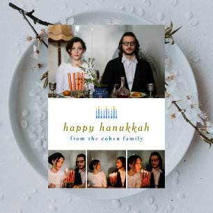 Elegant Minimalist Happy Hanukkah Family 4 Photo Holiday Card