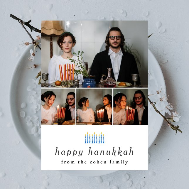 Elegant Minimalist Happy Hanukkah Family 4 Photo  Holiday Card (Creator Uploaded)