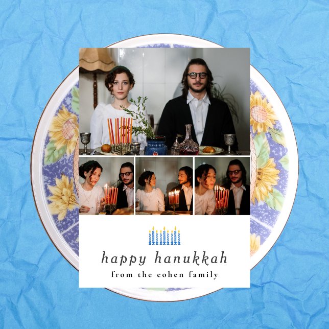 Elegant Minimalist Happy Hanukkah Family 4 Photo Holiday Card (Creator Uploaded)