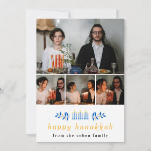 Elegant Minimalist Happy Hanukkah Family 4 Photo Holiday Card