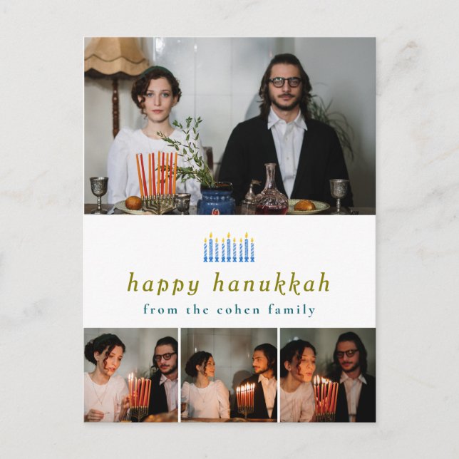 Elegant Minimalist Happy Hanukkah Family 4 Photo Holiday Postcard (Front)