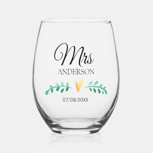 Elegant Minimalist Heart Mrs Married Bride Wedding Stemless Wine Glass