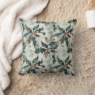 Elegant Minimalist Holly Flower Christmas Throw Pillow