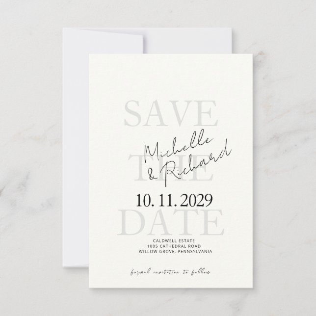 Elegant Minimalist Ivory Bold Script Save the Date (Front)