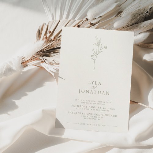 Elegant Minimalist Ivory  Olive Floral Wedding Invitation