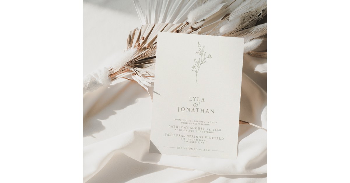 Elegant Minimalist Ivory & Olive Floral Wedding Invitation | Zazzle