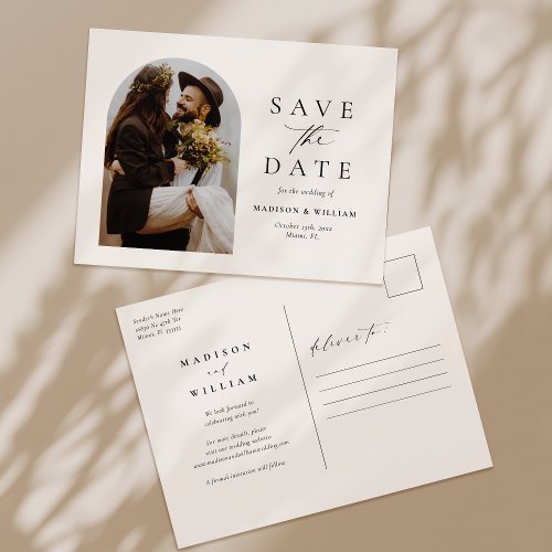 Elegant Minimalist Ivory Photo Save The Date Postcard