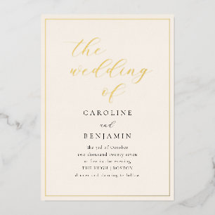 Elegant Minimalist Ivory Script Wedding Gold Foil Invitation