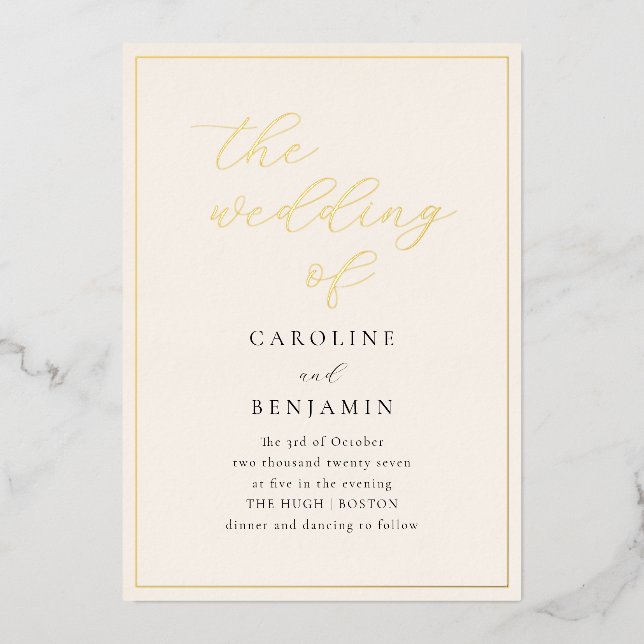 Elegant Minimalist Ivory Script Wedding Gold Foil Invitation (Front)