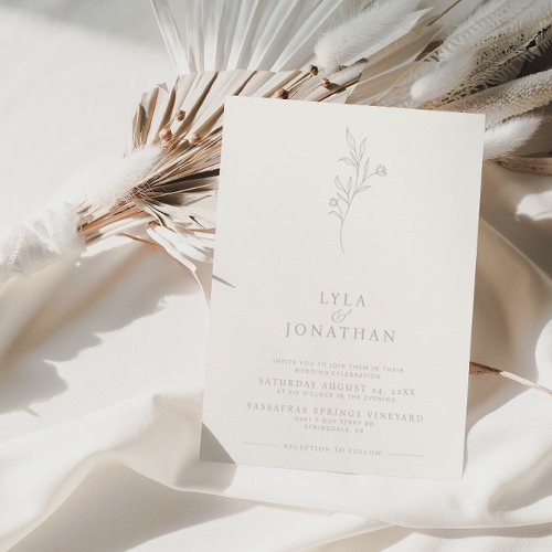 Elegant Minimalist Ivory  Taupe Floral Wedding Invitation