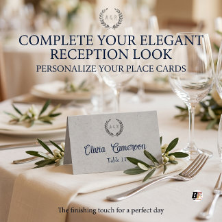 Elegant Minimalist Laurel Wreath Monogram Wedding Place Card