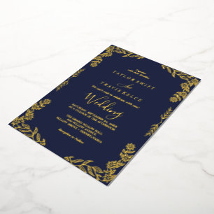 Elegant Minimalist Leaf  Gold Foil Navy Blue Frame Foil Invitation