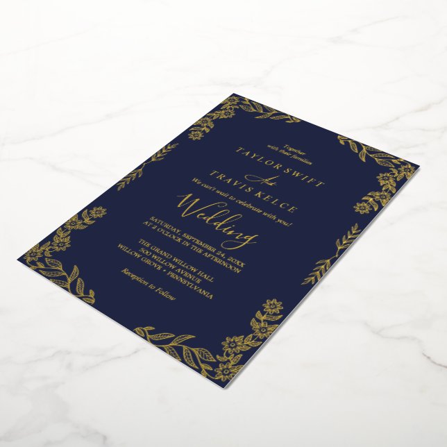 Elegant Minimalist Leaf |Gold Foil Navy Blue Frame Foil Invitation (Rotated)