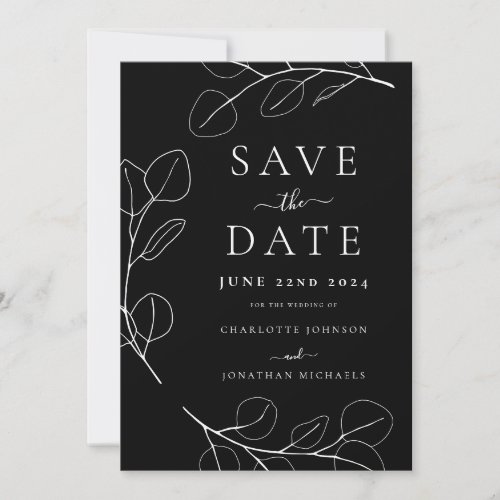 Elegant Minimalist Leaves Black Wedding Save The Date