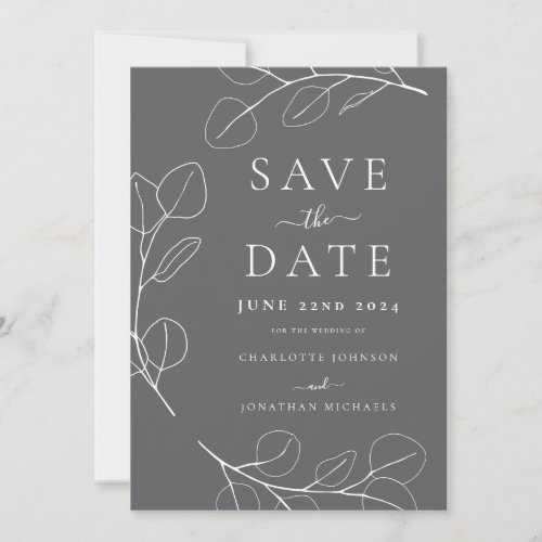 Elegant Minimalist Leaves Gray Wedding Save The Date
