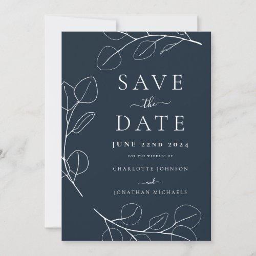 Elegant Minimalist Leaves Navy Blue Wedding Save The Date