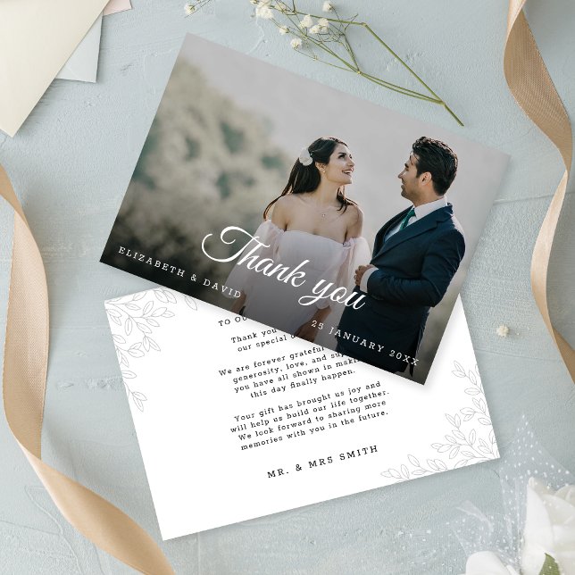 Elegant Minimalist Leaves Photo Script Wedding Thank You Card (Creator Uploaded)