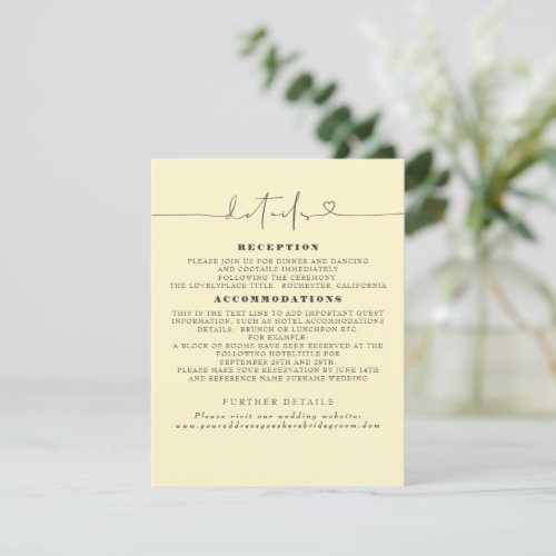 Elegant Minimalist Light Yellow Wedding Details Enclosure Card