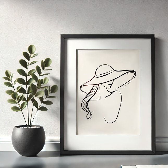 Elegant Minimalist Line Art of Woman in Hat Framed Art (Creator Uploaded)