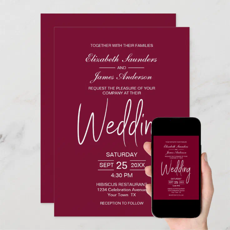 Elegant Minimalist Magenta White Wedding Invitation Zazzle 7273