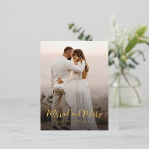 Elegant Minimalist Married and Merry One Photo Foil Holiday Postcard